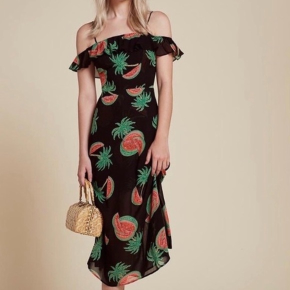 Reformation Dresses & Skirts - Reformation Hydrangea Watermelon Ruffle Off-Shoulder Midi Dress Size 8